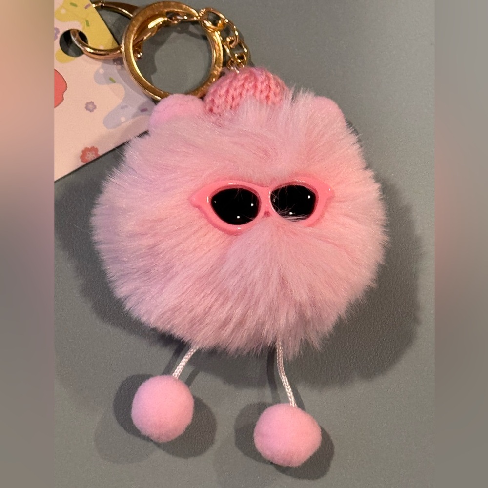Light Pink Fluffy Pom Pom Plush with Sunglasses Bag Charm Keychain